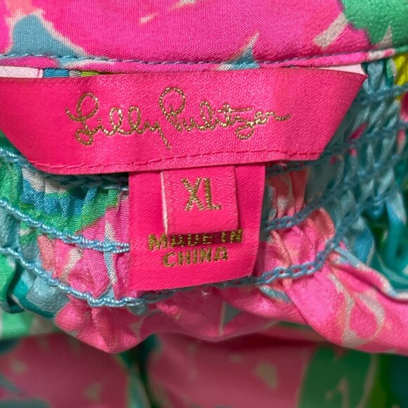 Lilly Pulitzer Elsa Popover Top Silk Size XL Pineapple Shake Pink Green - Picture 5 of 7